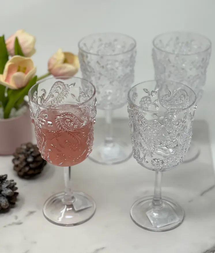 Set of Four Clear Paisley Acrylic Stemmed All Purpose Wine Glass