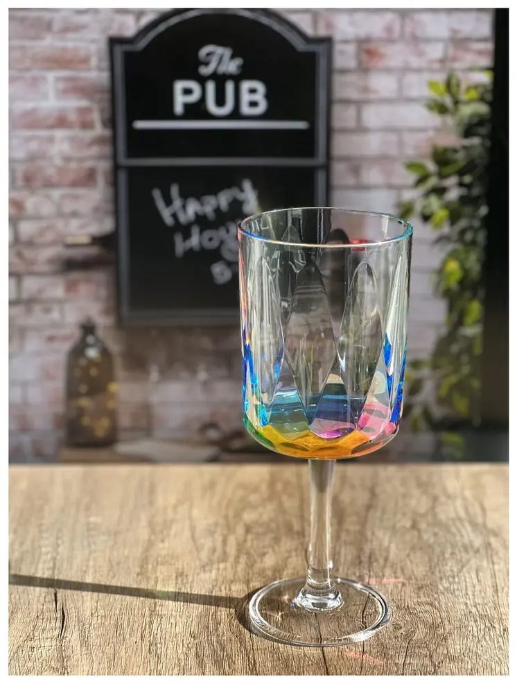Set of Four Clear and Rainbow Geometric Acrylic Stemmed All Purpose Wine Glasses