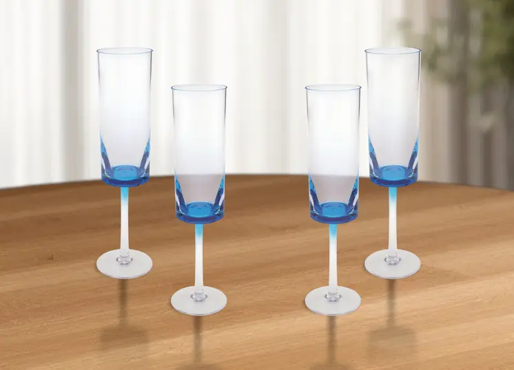 Set of Four Clear and Blue Acrylic Stemmed Flutes