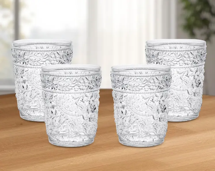 Set of Four Clear Paisley Acrylic Stemless Whiskey Glass