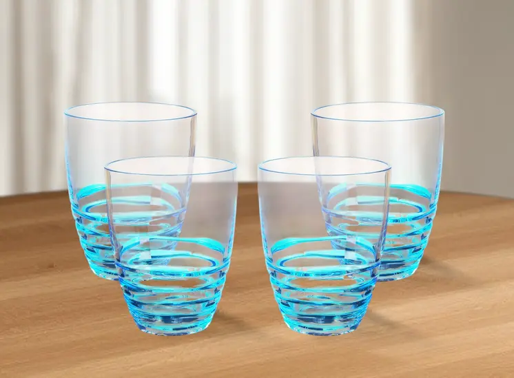 Set of Four Clear and Blue Acrylic Stemless Whiskey Glasses
