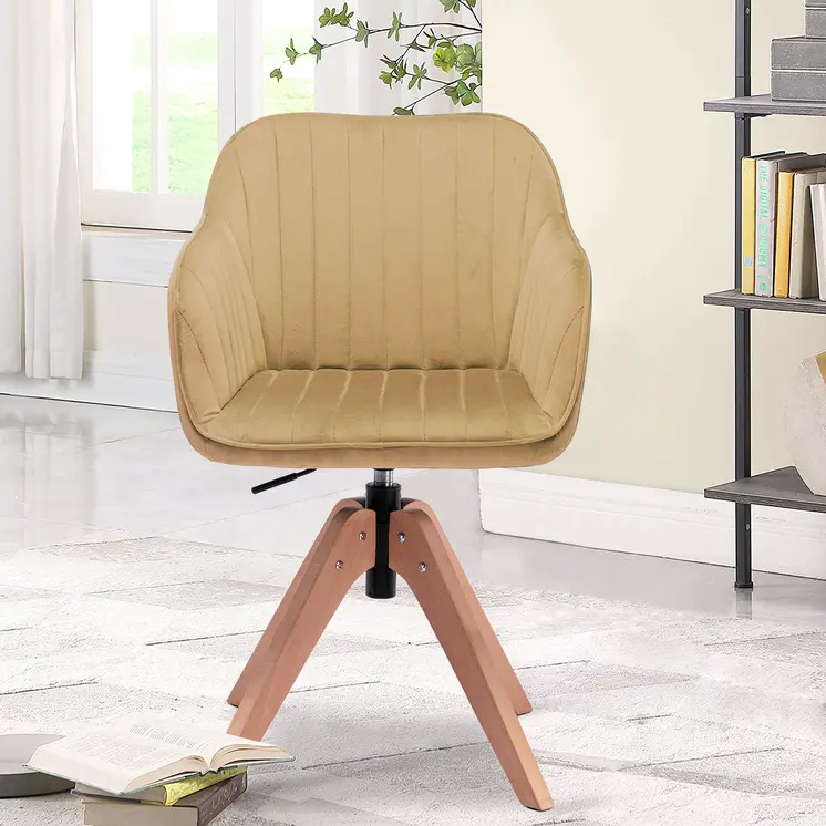 Tufted Champagne and Natural Upholstered Velvet Dining Arm Chair