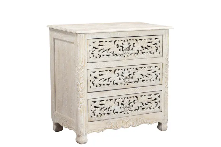 30" White Solid Wood Distressed Three Drawer Nightstand