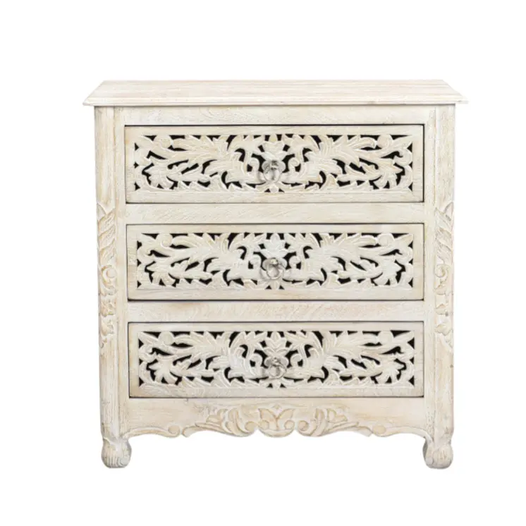 30" White Solid Wood Distressed Three Drawer Nightstand