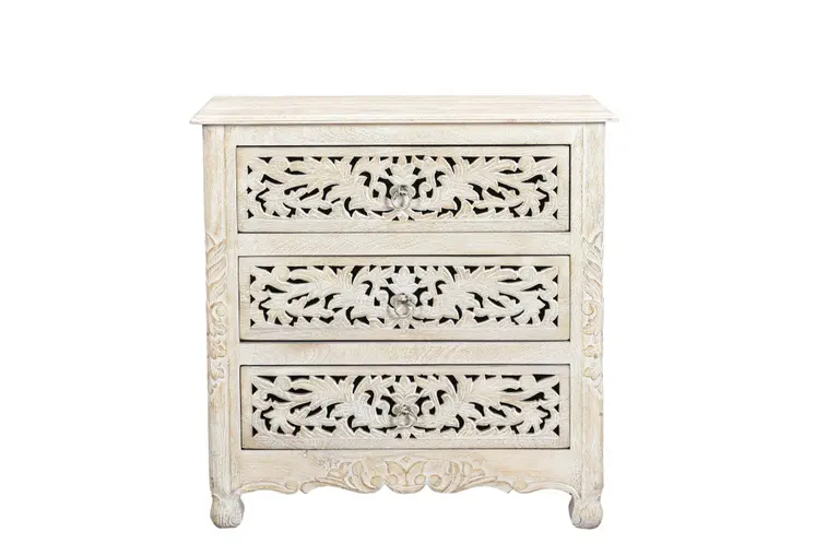 30" White Solid Wood Distressed Three Drawer Nightstand