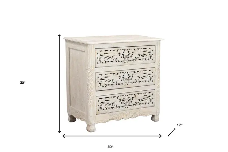 30" White Solid Wood Distressed Three Drawer Nightstand