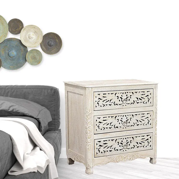 30" White Solid Wood Distressed Three Drawer Nightstand