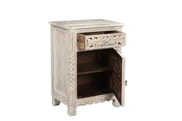 30" Distressed White One Drawer Carved Floral Solid Wood Nightstand