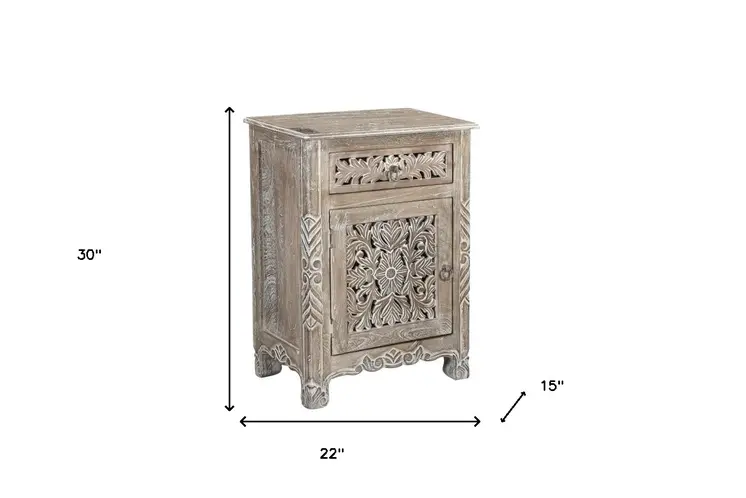 30" Gray Solid Wood Distressed One Drawer Nightstand