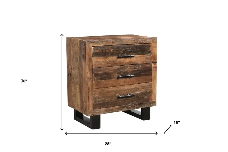 30" Dark Brown Solid Wood Distressed Three Drawer Nightstand