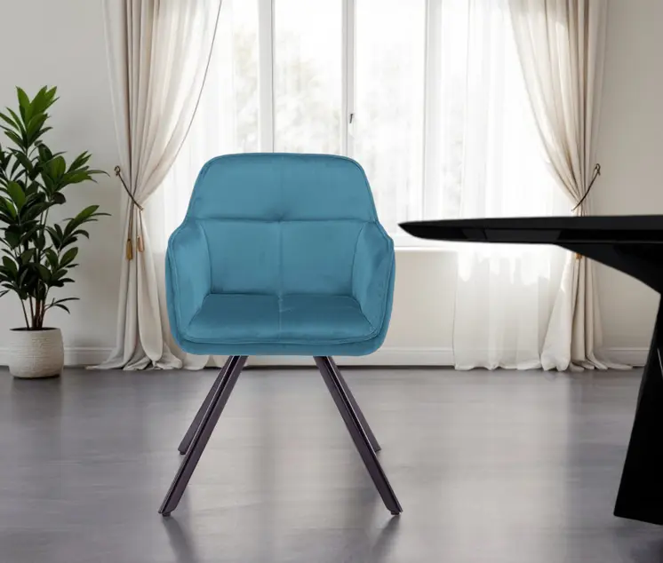 Tufted Blue And Black Velvet and Metal Dining Arm Chair