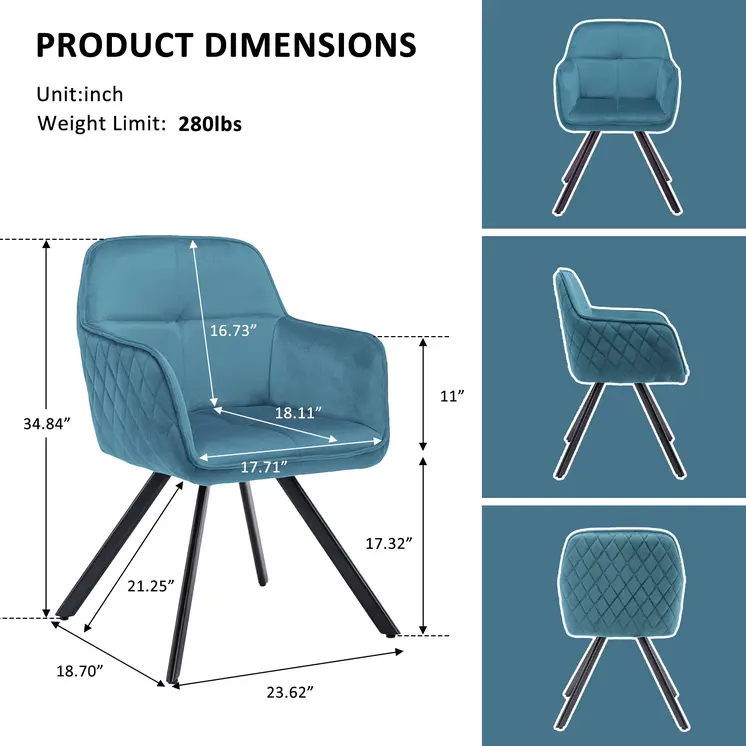 Tufted Blue And Black Velvet and Metal Dining Arm Chair