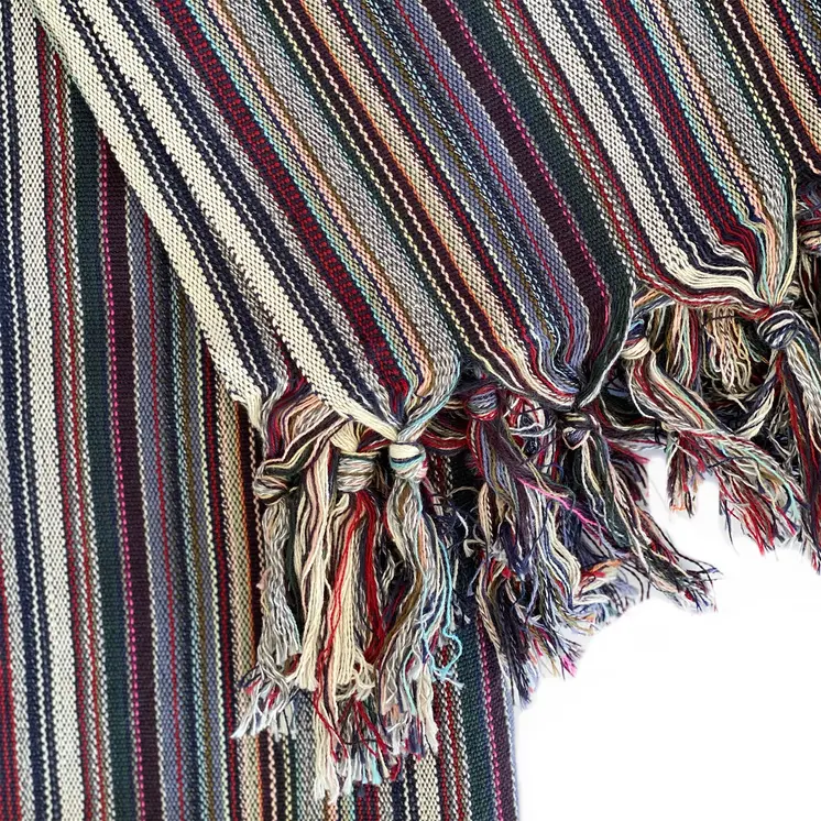 39" X 71" Beige and Indigo Cotton Striped Turkish Towel Throw Blanket with Tassels