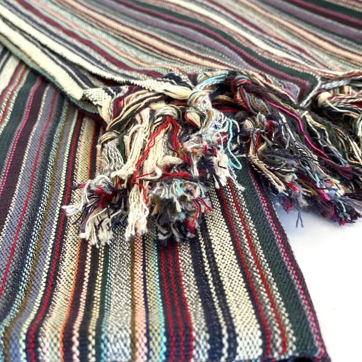 39" X 71" Beige and Indigo Cotton Striped Turkish Towel Throw Blanket with Tassels