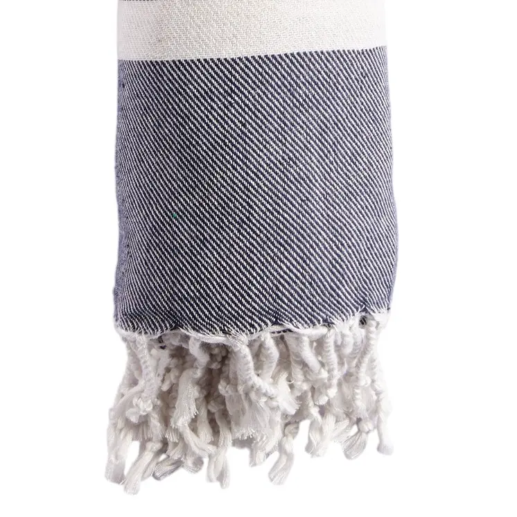 59" X 71" Blue and White Cotton Plain Weave Striped Throw Blanket with Tassels