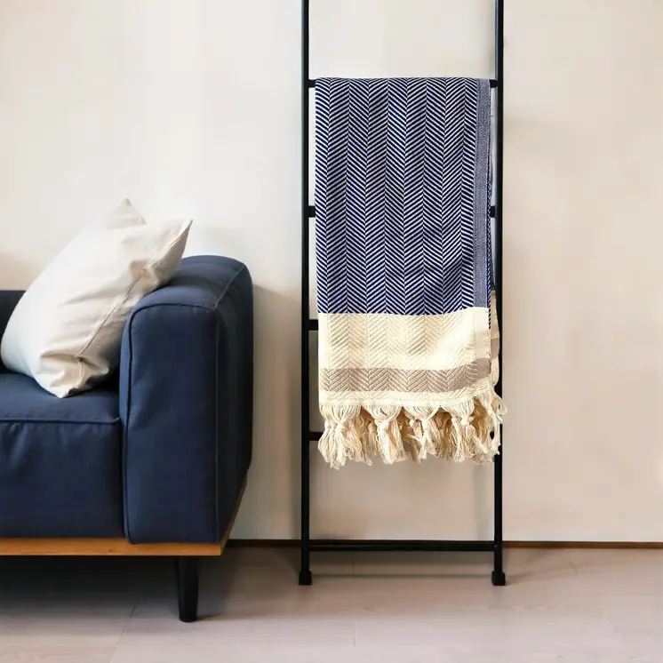 59" X 71" Blue and Beige Cotton Striped Throw Blanket with Tassels