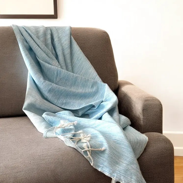 59" X 71" Turquoise Cotton Plain Weave Throw Blanket with Tassels