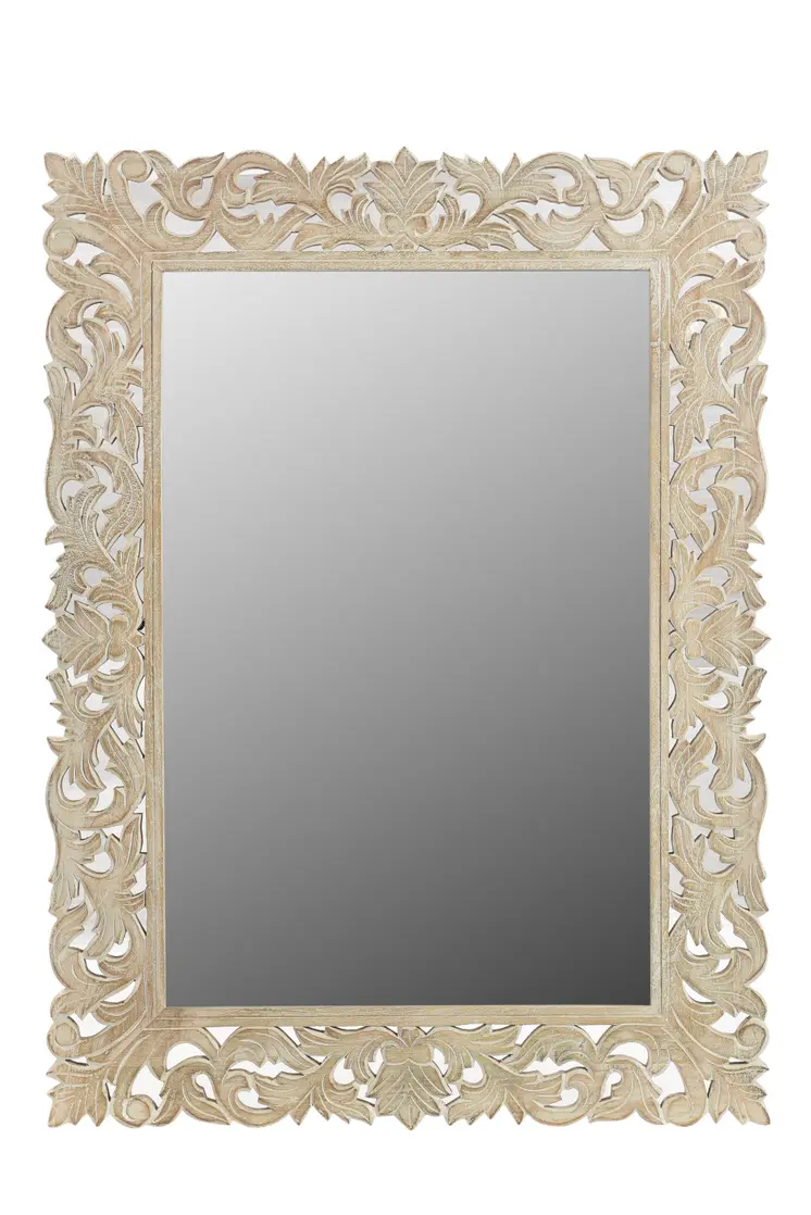 47" Antiqued White Solid Wood Carved Scrollwork Accent Mirror