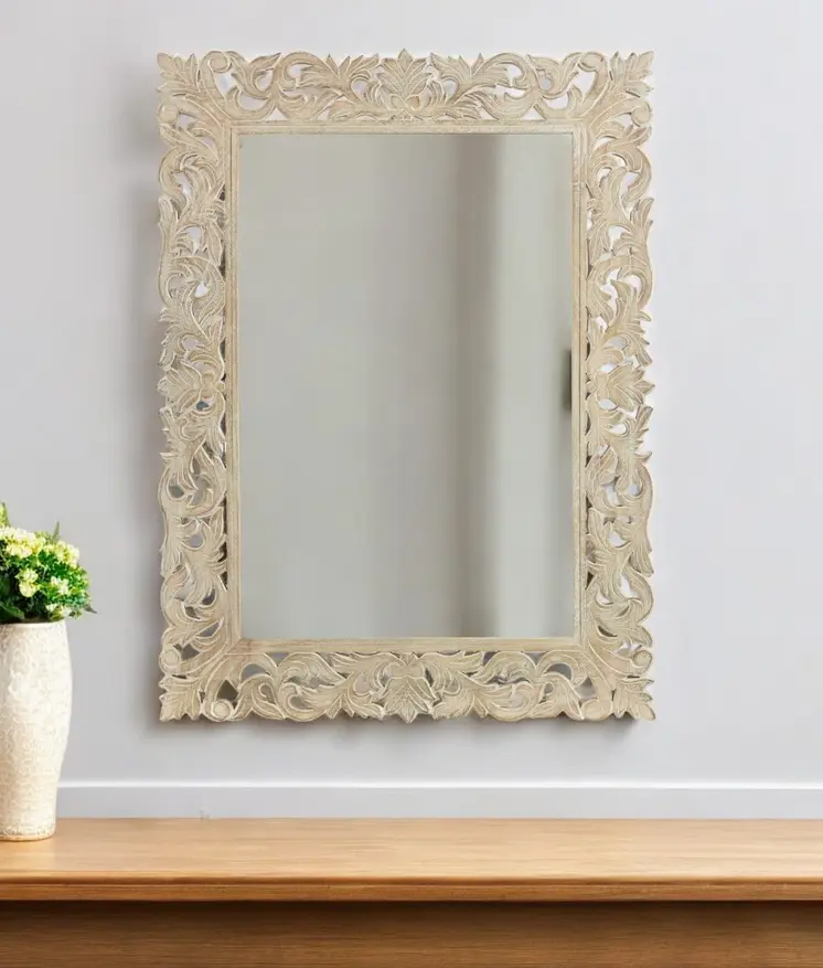 47" Antiqued White Solid Wood Carved Scrollwork Accent Mirror