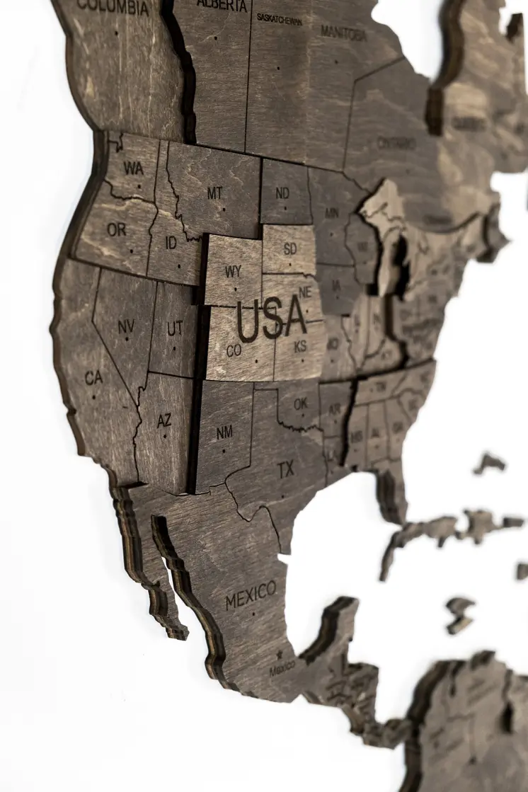 35" X 59" Dark Brown Wood World Map Hanging Dimensional Sculpture