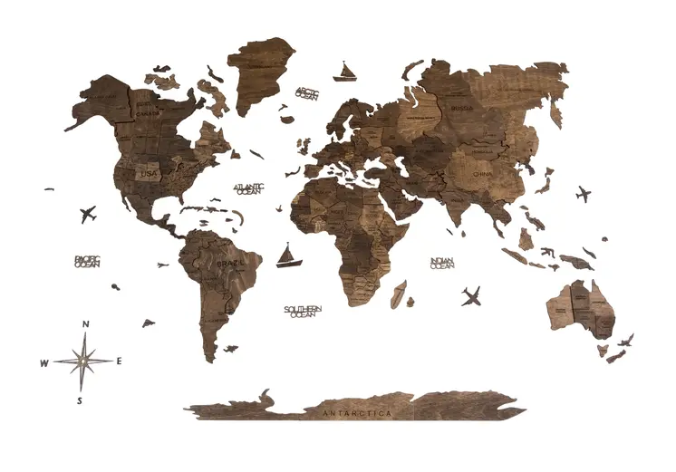 47" X 79" Dark Brown Wood World Map Hanging Dimensional Sculpture