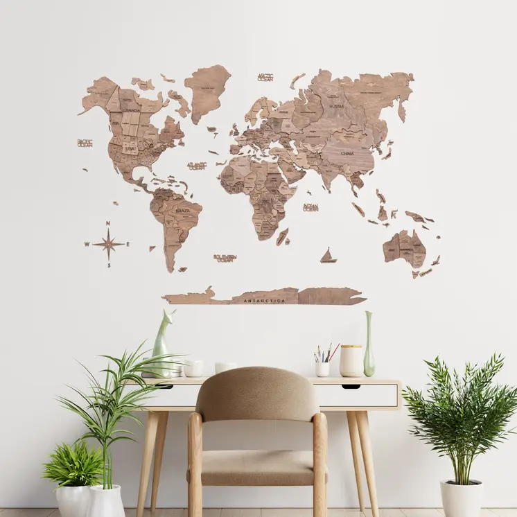 35" X 59" Wood Brown Wood World Map Hanging Dimensional Sculpture