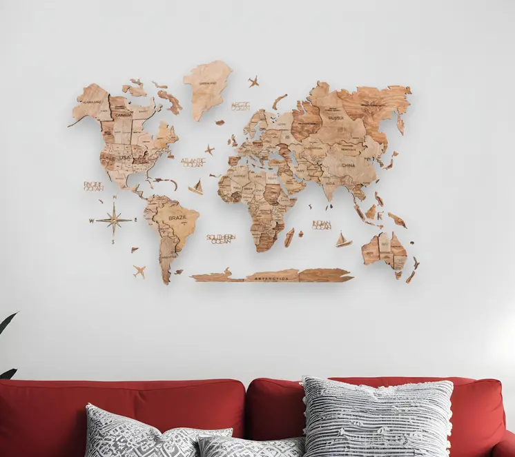 35" X 59" Wood Brown Wood World Map Hanging Dimensional Sculpture