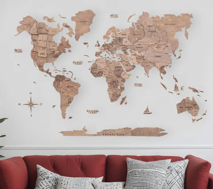 47" X 79" Wood Brown Wood World Map Hanging Dimensional Sculpture
