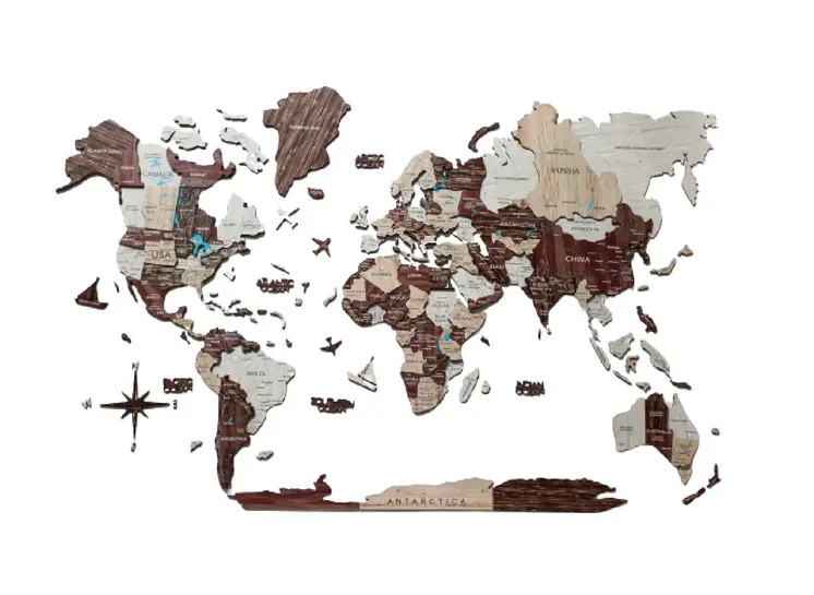 24" X 39" Brown and Beige Wood World Map Hanging Dimensional Sculpture