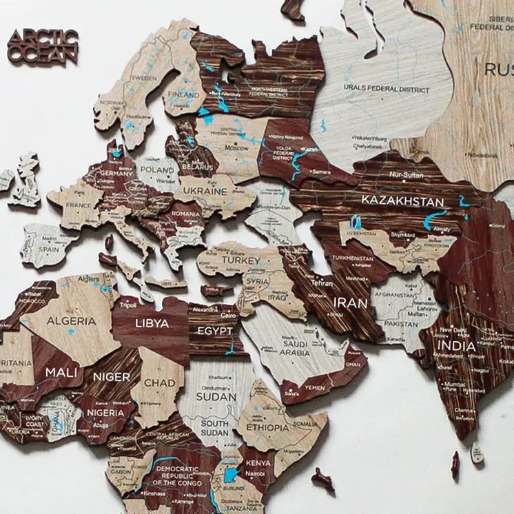 35" X 59" Brown and Beige Wood World Map Hanging Dimensional Sculpture
