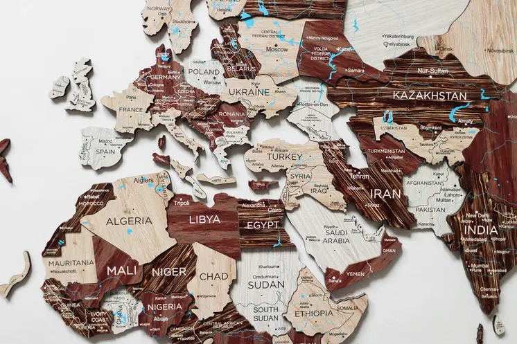 47" X 79" Brown and Beige Wood World Map Hanging Dimensional Sculpture