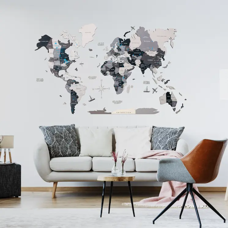 35" X 59" Black Gray and White Wood World Map Hanging Dimensional Sculpture