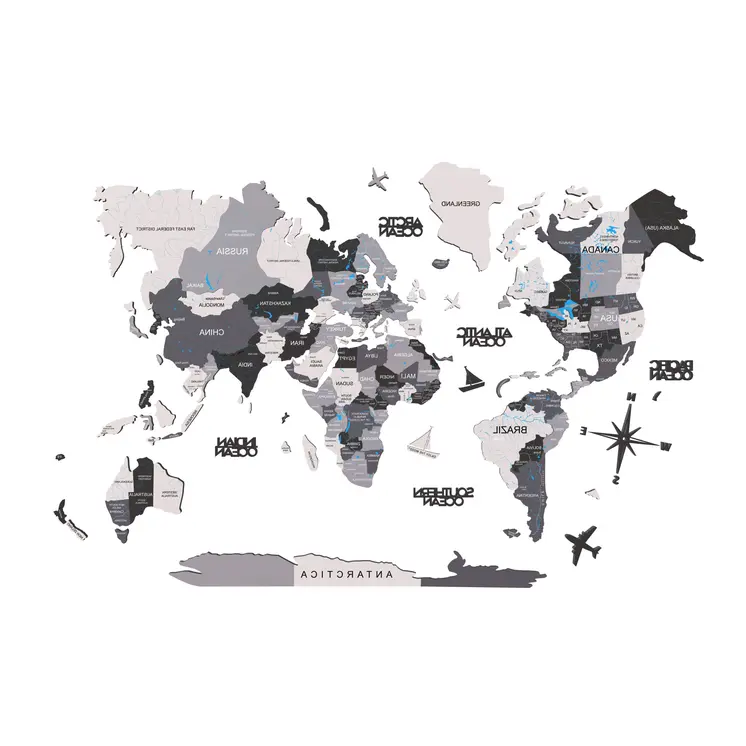 47" X 79" Black Gray and White Wood World Map Hanging Dimensional Sculpture