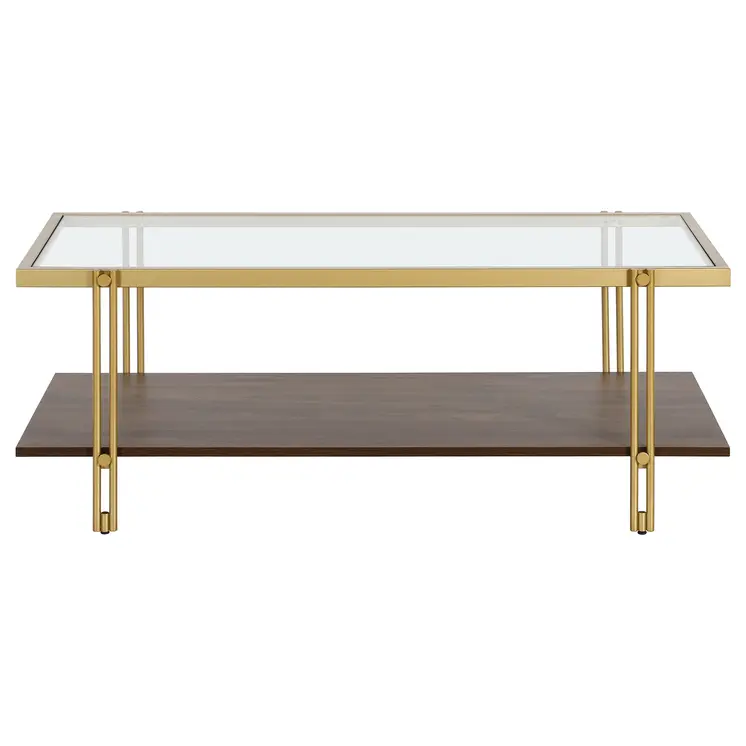 45" Brown And Gold Glass And Steel Coffee Table With Shelf