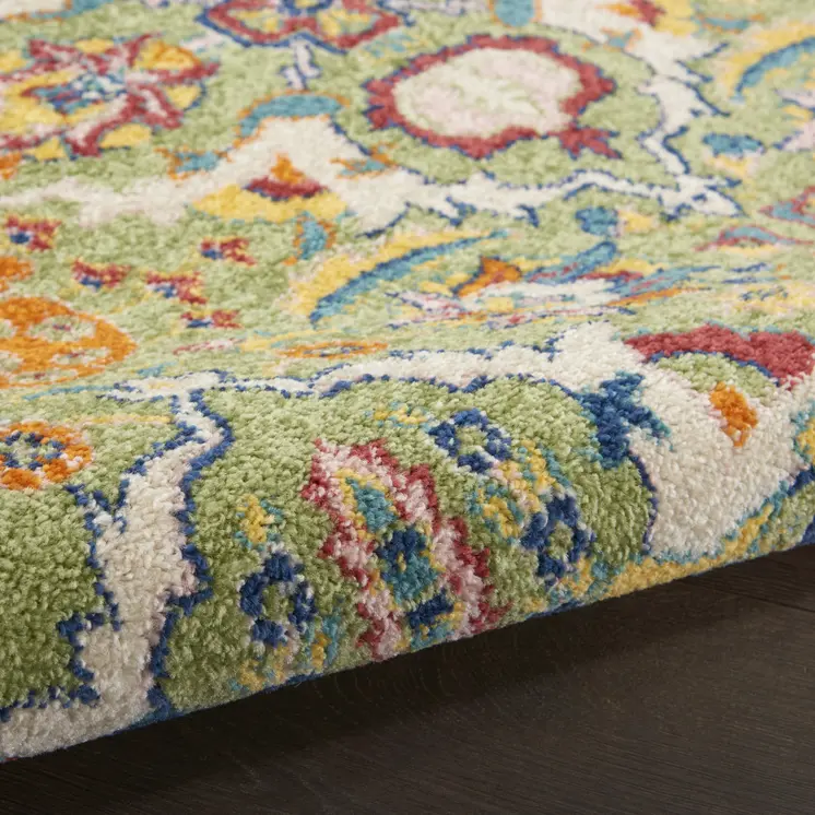 8' Green Floral Power Loom Runner Rug