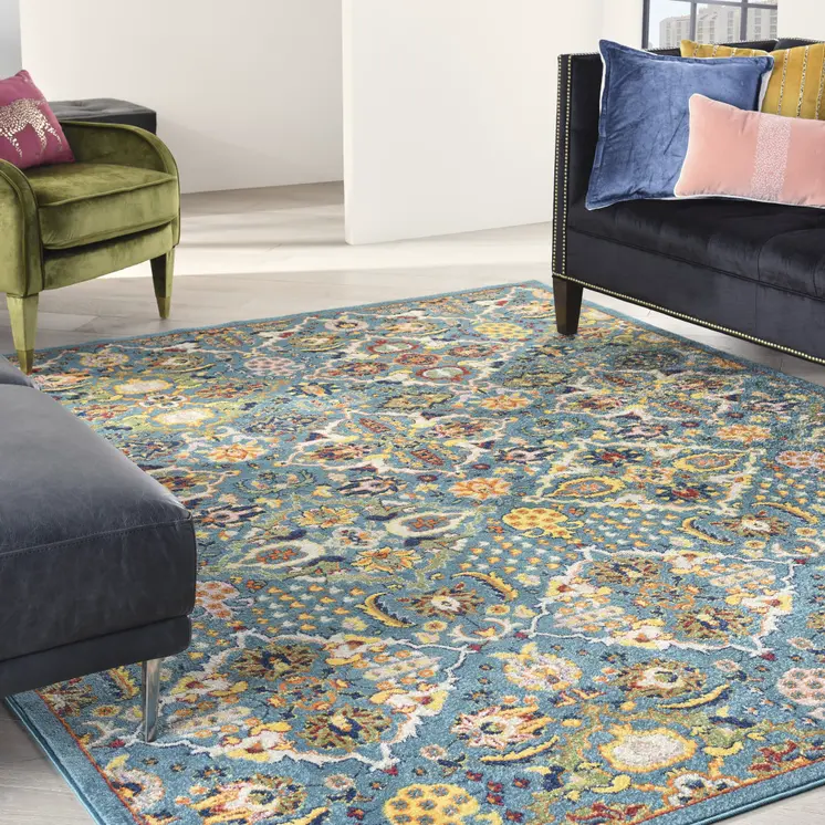 9' X 12' Teal and Gold Floral Power Loom Area Rug
