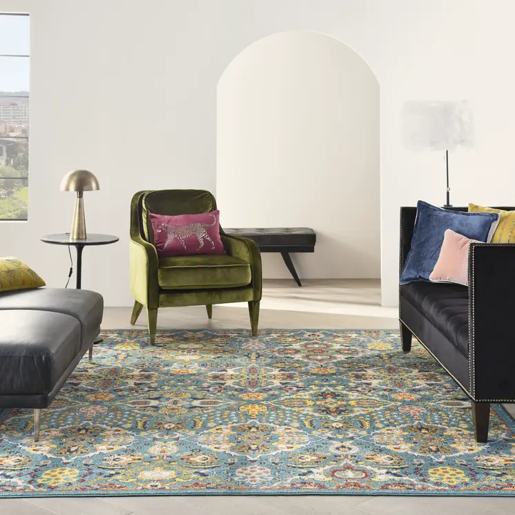 9' X 12' Teal and Gold Floral Power Loom Area Rug