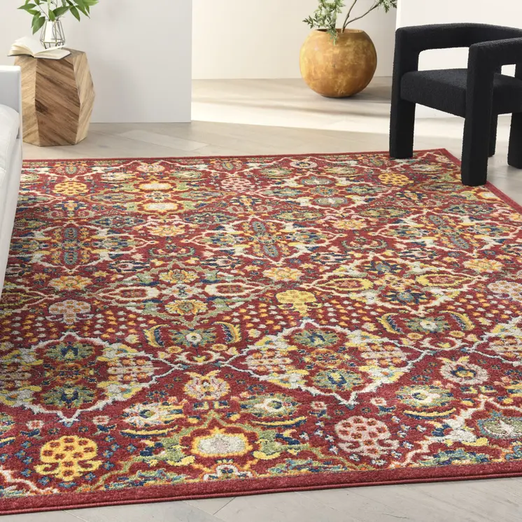 9' X 12' Red Floral Power Loom Area Rug