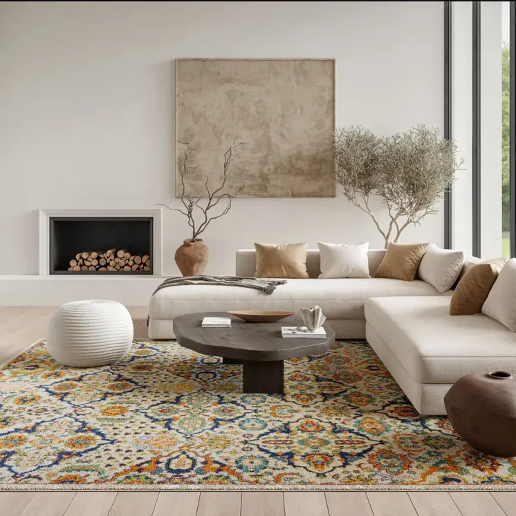 6' X 9' Ivory Floral Power Loom Area Rug