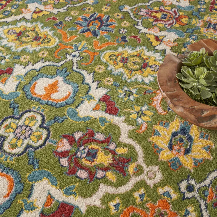 8' Green Round Floral Power Loom Area Rug