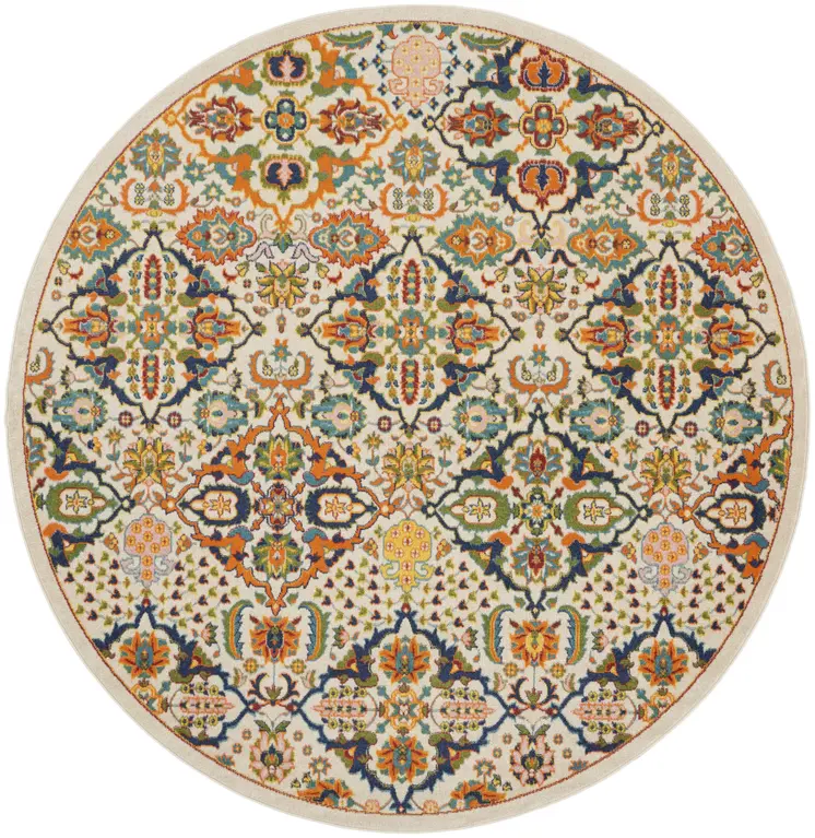 8' Ivory Round Floral Power Loom Area Rug