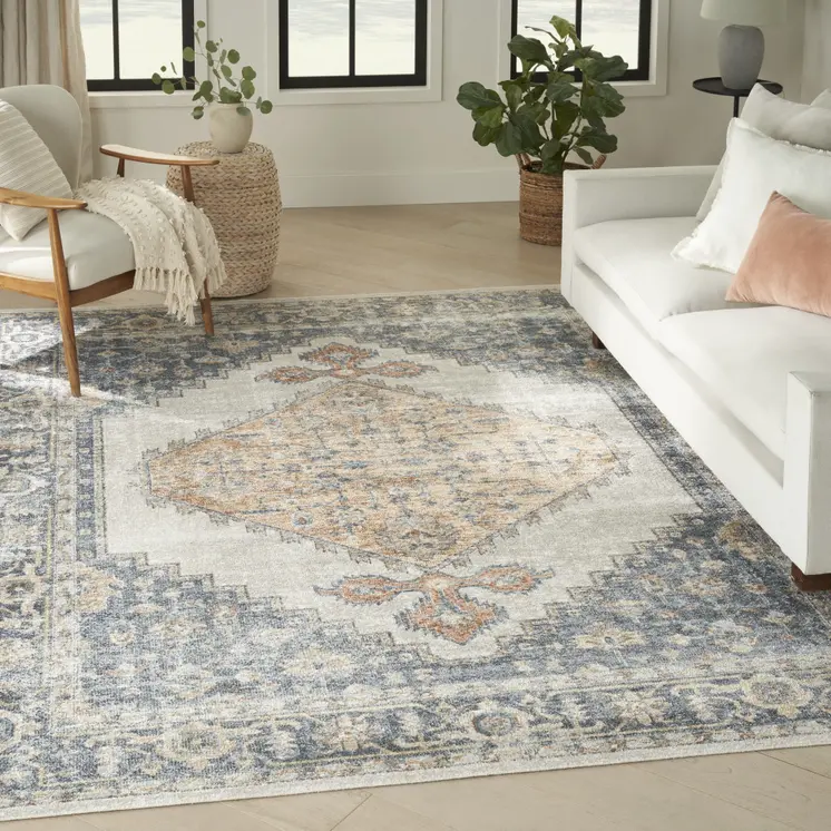 9' X 12' Gray And Gold Floral Medallion Distressed Washable Area Rug