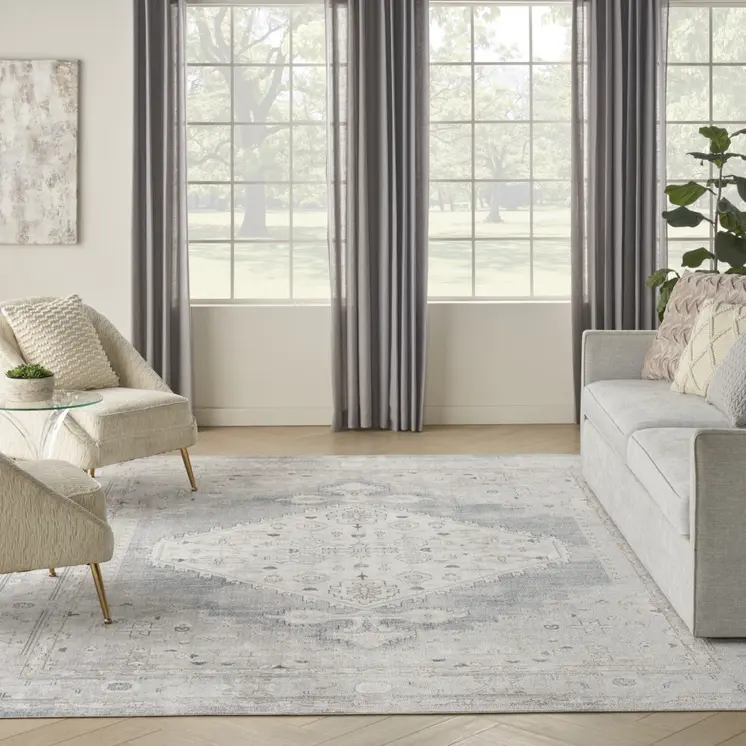 9' X 12' Light Blue Oriental Power Loom Distressed Area Rug