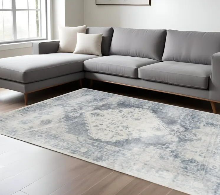 8' X 10' Blue And Ivory Floral Medallion Distressed Washable Area Rug