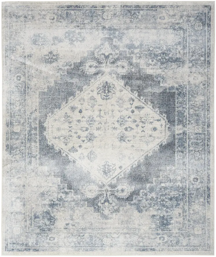 8' X 10' Blue And Ivory Floral Medallion Distressed Washable Area Rug