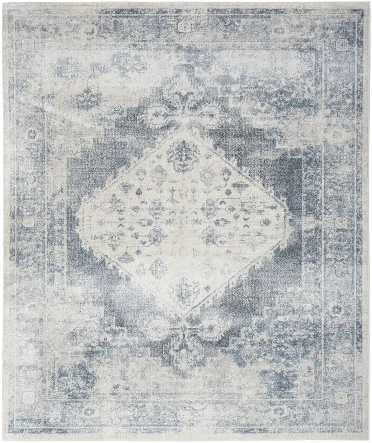8' X 10' Blue And Ivory Floral Medallion Distressed Washable Area Rug