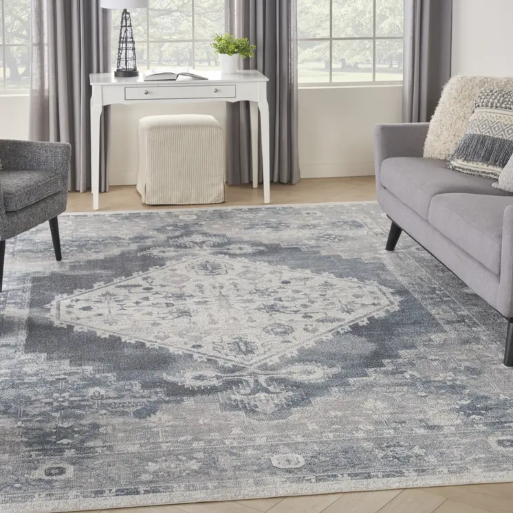 8' X 10' Blue And Ivory Floral Medallion Distressed Washable Area Rug