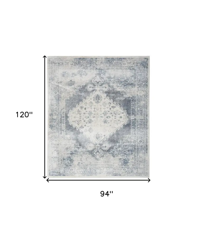 8' X 10' Blue And Ivory Floral Medallion Distressed Washable Area Rug