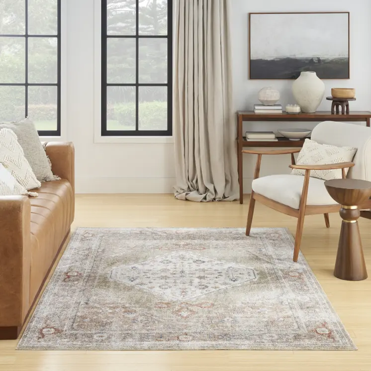 7' X 9' Sage Oriental Power Loom Distressed Washable Area Rug