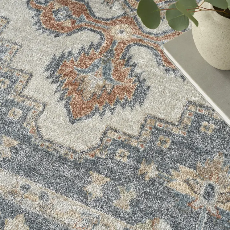 8' X 10' Gray And Gold Floral Medallion Distressed Washable Area Rug